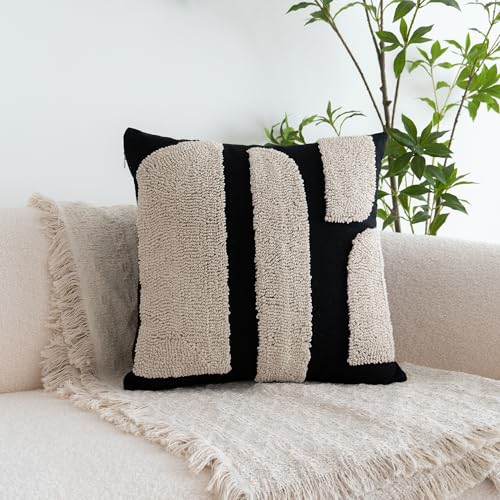 Black Cream Boho Chunky Tufted Pillow Cover, Neutral Decorative Square Throw Pillow Case, Geometric Woven Modern Sham for Bed Couch Living Room, 18x18 inches, 1PCS - color: Black, size: 18" x 18" (Pack of 1)