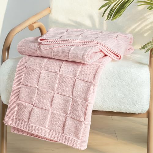 Whale Flotilla Checkered Knit Throw Blanket for Couch, Soft Decorative Knitted Blankets for Sofa Bed, Lightweight Cozy Throws for Spring Summer, 50x60 Inch, Pink - color: Pink, size: 50x60 Inch