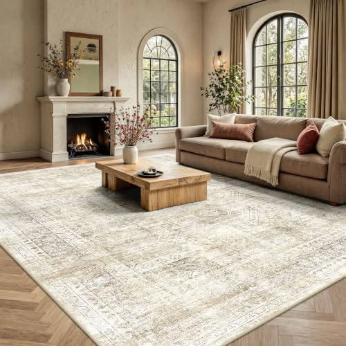 8x10 Area Rugs for Living Room, Washable Vintage Retro Floral Rug, Low Pile Non Slip Distressed Large Carpet for Bedroom, Dining Room, Office, Home (Beige) - color: I-beige, size: 8' x 10' (Rectangular)