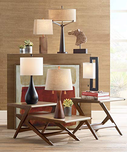 360 Lighting Omar Modern Table Lamp 28 3/4" Tall Warm Brown Wood Hourglass Oatmeal Fabric Tapered Drum Shade for Bedroom Living Room House Home Bedside Nightstand Office Entryway Kids Family - color: Single