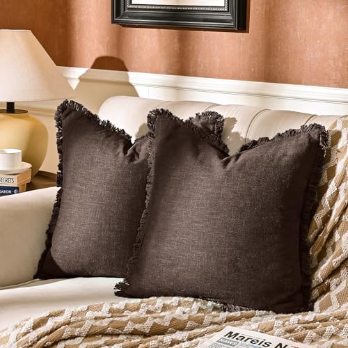AmHoo Pack of 2 Linen Pillow Covers with Tassels Fringed Decorative Rustic Natural Throw Pillowcase Cushion for Couch Sofa Bedroom 18 x 18-Inch Brown - color: Brown, size: 18" x 18" (Pack of 2)