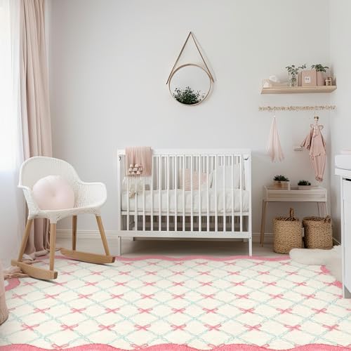 Drydiet Rug Boho Area Rugs 4'x6' Cute Sweet Scalloped Throw Rugs Aesthetic Soft Bedroom Carpet for Living Room Dining Playroom Nursery Family Indoor Dorm(Pink Bow) - style: Pink Bow