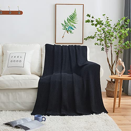 Longhui bedding 100% Cotton Knitted Throw Blanket – Navy Blue, Soft & Cozy, Machine Washable, 51"x63" – Perfect for Living Room, Couch, Sofa, Bed or Travel - color: Dark Navy Blue, size: 51" x 63", Standard