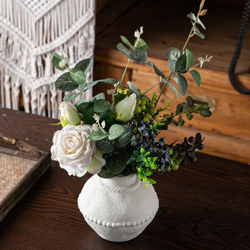 Mowtanco Rustic Ceramic Vase with Boho Wooden Beads, Matte Decorative Pottery for Modern Farmhouse and Bohemian Decor, Floral Arrangements, Bedroom, Shelf, or Side Table Accents - color: White - Small