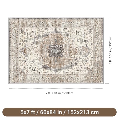 befbee 5x7 Area Rugs for Living Room, Stain Resistant Neutral Washable Rugs for Dining Room, Floral Vintage Non-Slip Thin Large Size Area Rug (Brown/Grey) - color: Brown/Grey-1, size: 5' x 7' (Rectangular)