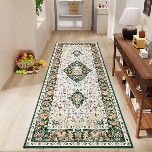 Amearea Vintage Design Runner Rugs for Living Room, 2x6 Machine Washable Floral Collection Traditional Bedroom Rug, Low Pile Cute Kids Room Print Carpet, No Slip Office Kitchen Home Decor, Green - color: Green, size: 2' X 6' (Runner)