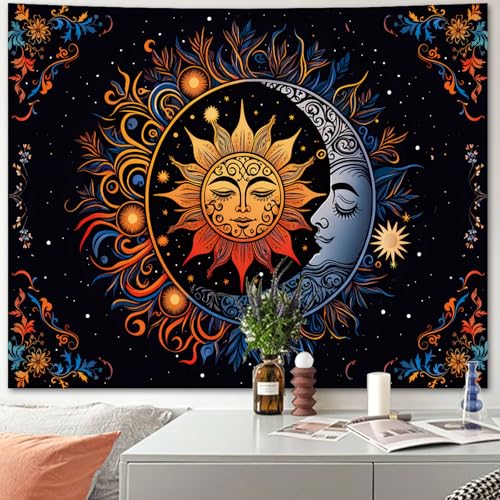 Apdidl Hippie Sun and Moon Tapestry Wall Hanging for Bedroom Aesthetic, Boho Bohemian Hippy Mystic Floral Tapestries, Mandala Floral Backdrop Decor for Living Room Dorm (51"X60") - color: Boho Sun Tapestry, size: 60"L x 51"W