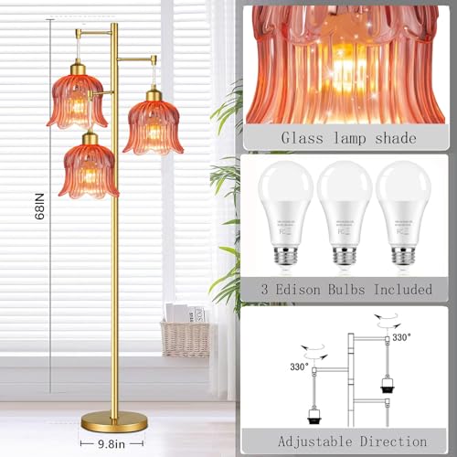 QIYIZM Pink Floor Lamp for Living Room,Bedroom,Gold Mid Century Modern Standing Lamp Brass Tree 3 Light Tall Floor Lamps Floor Lights Glass Flower Lamp Shade Girls Kids Boho Bohemian - size: 24-Floor Lamp