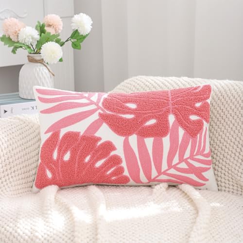 Embroidered Throw Pillow Covers 12x20 Pack of 2 Pink Botanical Tropical Leaf Pillow Covers Beach Ocean-Themed Decorative Cushions Case Farmhouse Boho Plant Tufted Pillowcases for Summer - color: Pink Tropical Leaf, size: 20" x 12" (Pack of 2)