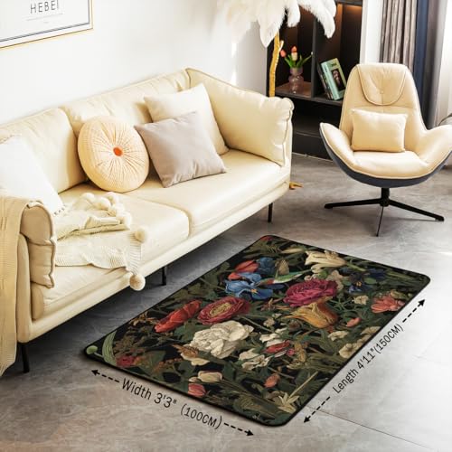 Erosebridal Vintage Floral Area Rug 4'11" x 3'3" Boho Leaves Living Room Rugs Dark Rose Red Green Decorative Carpet Nature Wild Botanical Indoor Floor Mat - color: Black Red Green, size: 3'3" x 4'11" (Rectangular)