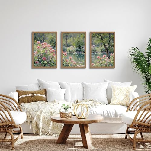 3pcsmonet Framed Wall Art,Retro Floral Gardencanvas Painting, Pink Flowers By Lake Painting, Nature Poster Wall Decor For Living Room Bedroom Office, Ready To Hang 12x16in - color: Trees and flower beds, size: 12x16in