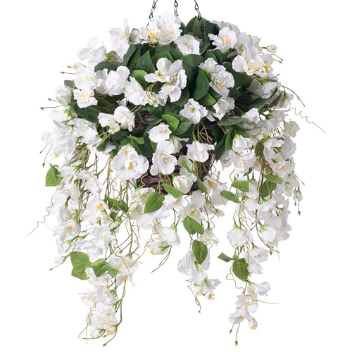 Artificial Fake Hanging Hibiscus Flowers Plants Baskets for Outdoor Decoration, Faux Silk Hibiscus Long Vines in Planter UV Resistant Realistic Flowers for Outside Porch Patio Home Decor, White - color: White 2