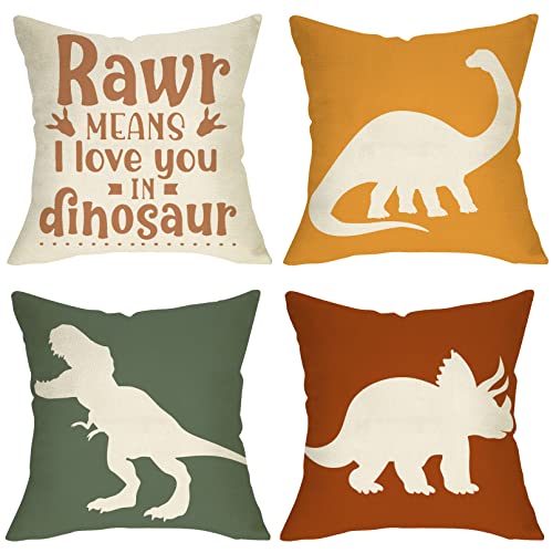 Dinosaur Rawr Means I Love You Home Decorative Throw Pillow Cover Set of 4, Inspirational Quote Cushion Case 18x18 for Boy Kid, Bedroom Nursery Sofa Couch Decor Dino Baby Shower Decoration Gifts - color: Dinosaur Rawr Means I Love You, size: 18" x 18" (Pa