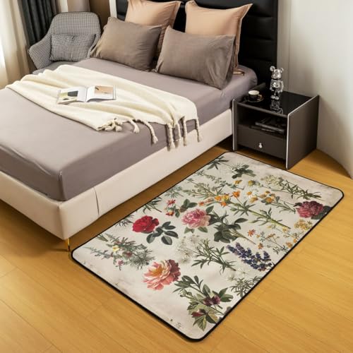 Erosebridal Vintage Botanical Flower Area Rug 4'11" x 3'3" Retro Floral Living Room Rugs Nature Plant Illustration Decorative Carpet Country Garden Indoor Floor Mat - color: Beige Cream, size: 3'3" x 4'11" (Rectangular)