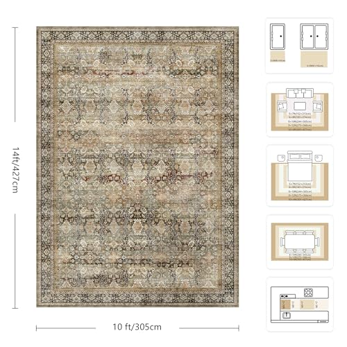 10x14 Area Rugs for Living Room - Washable Vintage Retro Large Rug, Soft Ultra Thin Non Slip Low Pile Traditional Distressed Boho Carpet for Bedroom Dining Room Home Office, Charcoal Olive - color: B-charcoal / Olive, size: 10x14
