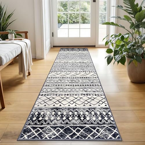KUTA Moroccan Washable Runner Rugs 2x5, Non-Slip Vintage Black Navy Blue Boho Hallway Kitchen Rugs Ultra Soft Geometric Floor Carpet Runners for Bedroom Laundry Living Room - color: Beige/Black Navy Blue, size: 2' x 5' (Runner)