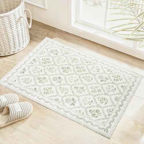 Small Green Rugs 2x3 Sage Green Kitchen for Entryway, Soft Washable Floral Printed Small Area Rug, Non-Slip Kitchen Mat, Low-Pile Indoor Bathroom Farmhouse Carpet for Entrance Cottage Boho - color: Sage / Cream, size: 2' x 3' (Rectangular)