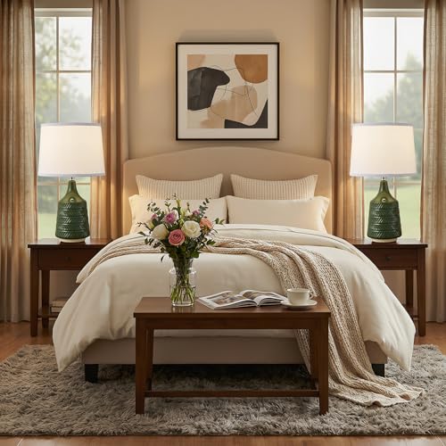 Green Ceramic Table Lamps Set of 2, 18.5" Modern Bedside Lamps for Night Stands, Decor Classic Small Lamps for Living Room End Tables, Farmhouse Boho Lamp for Bedroom Office, LED Bulbs Included - color: Green