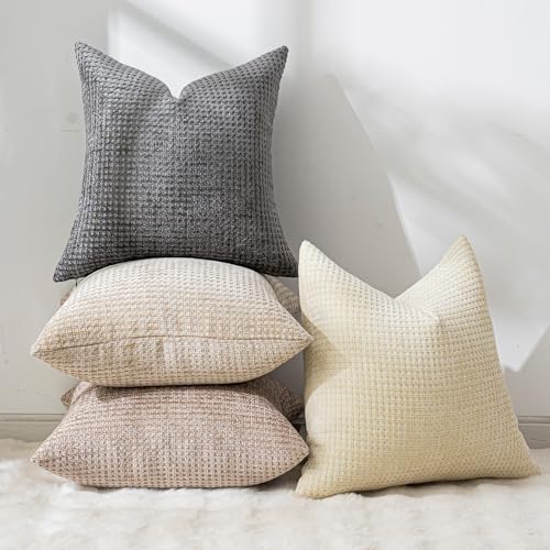 Pack of 4 Throw Pillow Covers 22x22 inch Neutral Boho Cushion Covers Decorative Farmhouse Pillow Covers for Couch Bed Sofa Living Room Home Decor Soft Square Pillowcase - color: Neutral, size: 22" x 22" (Pack of 4)