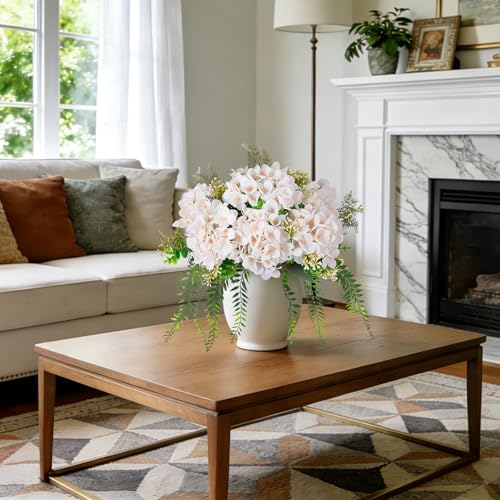 Ammyoo 8 Pcs Artificial Hydrangea Flowers Silk White Fake Flower with Eucalyptus for Outdoor Decorations UV Resistant Realistic Faux Plants for Garden Porch Window Box Indoor Table Decor - color: White