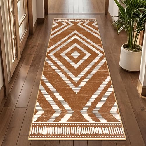 Boho Runner Rugs 2x6ft Non Slip, Brown Washable Rug with Rubber Backing, Soft Moroccan Farmhouse Kitchen Runner, Low Pile Geometric Floor Carpet for Hallway Bedroom Bathroom - color: Brown, size: 2' x 6' (Rectangular)