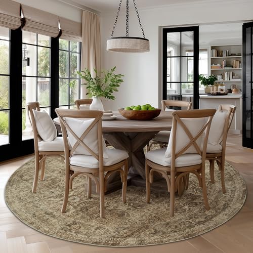 FMFUNCTEX 6ft Round Washable Area Rug Brown Vintage Neutral Distressed Non Slip Carpet for Living Room Bedroom Soft Low Pile Indoor Mat Retro Floral Throw Rug for Dining Room Office Nursery Entry - color: Brown, size: 6' (Round)