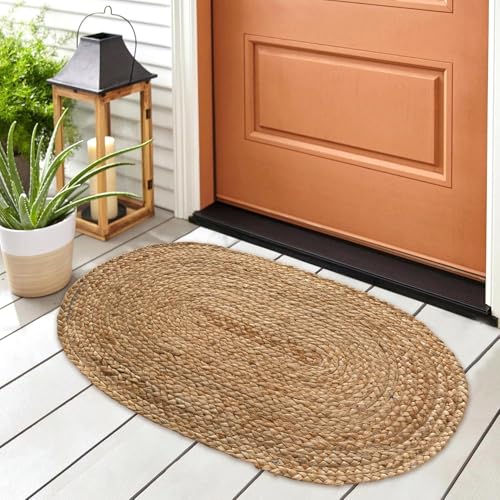 Chardin home Hand Woven Natural Jute Braided Rug -18x30 Inch Oval | Vintage Boho Reversible Doormat for Entryway, Front Door | Farmhouse Natural Fiber Rugs for Bedroom, Kitchen, Living Room - size: 18x30 Inch. Oval