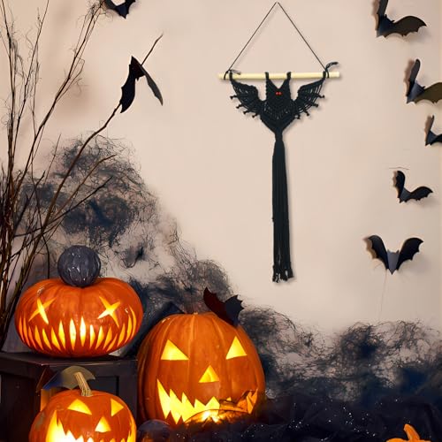 HVEST Gothic Halloween Bat Macrame Wall Hanging Boho Decor Horror Black Bat, Handmade Woven Tapestry for Bedroom Spooky Halloween Macrame Wall Decor for Living Room Decorations, 22.6L X 15.6W - color: Dark