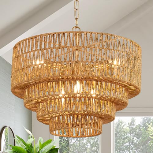 19.7" Gold Boho Rattan Chandelier, 6-Light Vintage Farmhouse Hand Woven Wicker Chandeliers Light Fixture, 4-Tier Rustic Drum Pendant Light for Dining Room Kitchen Island Living Room, E12 - color: Golden 19IN A