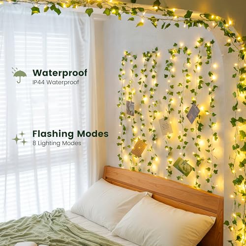 HEYFUNi Vines with Lights, 23 Ft 73 Led Fake Ivy String Lights Plug in, Leaf Lights for Bedroom, Wall, Balcony, Wedding Decor, Warm White - color: Ivy, size: 73 LED-Plug in