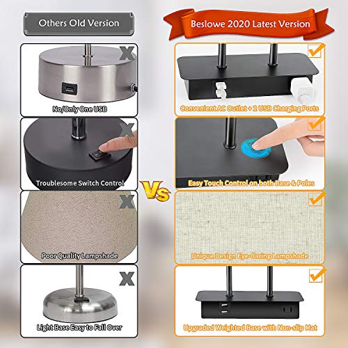 3-Way Dimmable Touch Control Table Lamp with 2 USB Ports and AC Power Outlet Modern Bedside Nightstand Lamp Fabric Shade and Metal Base for Guestroom Bedroom Living Room LED Bulb Included Warm White - color: Cream