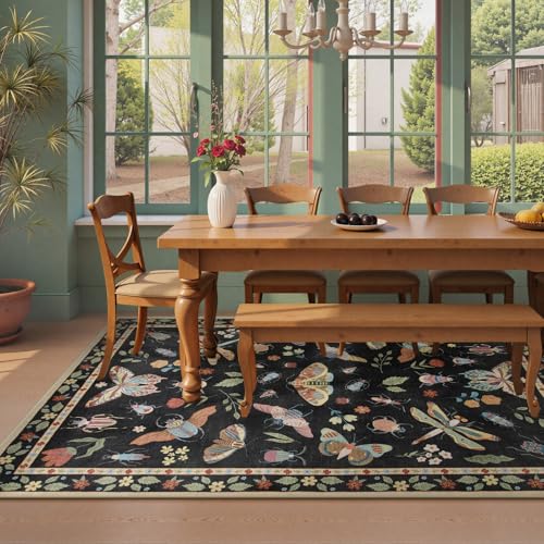 Beeiva Insect Print Rug 5x7, Washable Rugs for Living Room, Boho Non Slip Low Pile Ultra Thin Foldable Large Carpet for Office Bedroom Kids Room Playroom Apartment Dorm Classroom Decor(Black,5x7ft) - color: Black, size: 5' x 7' (Rectangular)