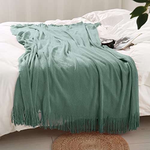 Homiest Decorative Knitted Throw Blanket with Fringe, Lightweight Acrylic Knit, Soft & Cozy Tassel Blanket for Couch, Sofa, Bed (Sage Green, 50 x 60 Inch) - color: Sage Green, size: 50" x 60"