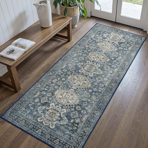 Bavni Washable Runner Rug 2x5, Non Slip Vintage Hallway Runner, Ultra Thin Low Pile Washable Carpet for Kitchen Entryway Bedroom, Blue - color: Blue, size: 2' x 5' (Rectangular)
