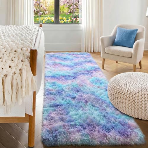 ONASAR Rainbow Runner Rugs for Bedroom Living Room, Fluffy 2x6 Bedside Hallway Area Rug, Ultra Soft Plush Furry Faux Fur Non Slip Floor Carpet for Nursery Kids Dorm Closet Home Decor Aesthetic - color: Rainbow, size: 2' x 6' (Runner)