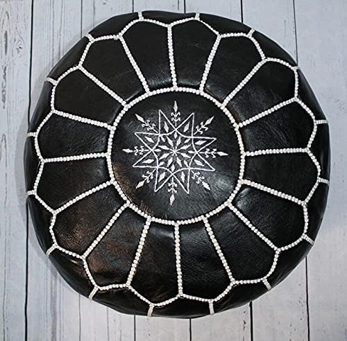 ARTOUARZAZATE Premium Moroccan Leather Pouf Cover, Ottoman Footstool Hassock 100% Real Natural Leather pouffe, Home Gifts, Wedding Gifts, Foot Stool (Black by White)