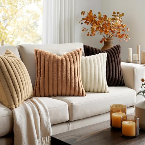MIULEE Faux Fur Plush Decorative Throw Pillow Covers 18x18 Set of 4, Boho Farmhouse Soft Fuzzy Striped Cushion Covers for Sofa Couch Bed Living Room Vintage Rustic Home Decor,Brown - color: Brown, size: 18" x 18" (Pack of 4)
