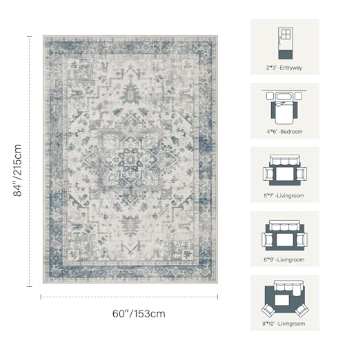 Rugxara Area Rugs 5x7, Washable Rugs for Living Room, Vintage Boho Light Blue Rug for Office, Dining Room, home decorKids Room and Farmhouse,Home Decor Durable Low Pile Non-Slip for High Traffic Areas - color: Blue & Grey, size: 5' x 7' (Rectangular)