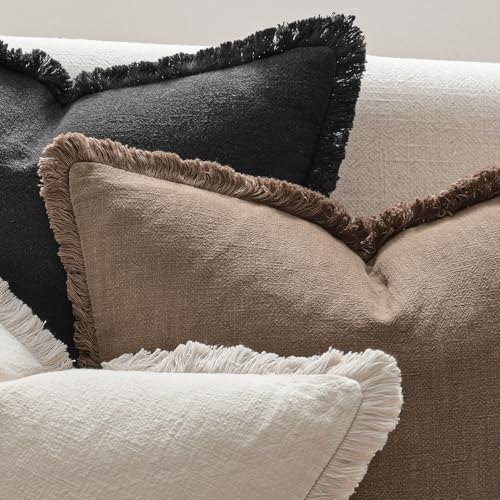 ANRODUO Set of 2 Decorative Throw Pillow Covers 18×18 Inch Soft Linen Fringe Farmhouse Boho Vintage Cushion Covers with Tassels Accent Pillowcase for Couch Sofa Bed Living Room Home Decor Cocoa Brown - color: Cocoa Brown, size: 18" x 18" (Pack of 2)