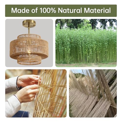 12.4” Boho Rattan Chandelier Light Fixture, 1-Light Hand Woven Pendant Light Fixture Farmhouse Rustic Hanging Lamp for Kitchen Island Bedroom, Dining Room, Living Room, Entryway, Foyer - color: Brown, size: 12.4" 1-Light