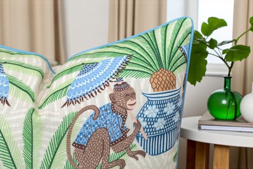 VAGMINE Chinoiserie Monkey Palm 20x20 Inch Throw Pillow Cover - Green Blue Pineapple Ginger Jar Print on Textured Polyester - Cushion Case for Couch Sofa - Tropical Decor - color: Tropical Palm Monkey, size: 20" x 20" (Pack of 1)