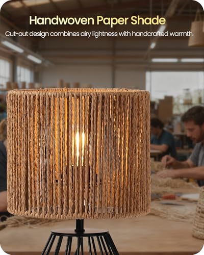 Rattan Table Lamp, Boho Table Lamp, Small Bedside Lamp, Handwoven Paper Lampshade, 2700K LED Bulb Included, Boho Desk Lamp, Modern Nightstand Lamp for Bedroom, Living Room, Striped SW06TL05 - color: Striped + Black