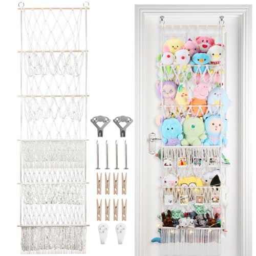 5 Tier Stuffed Animal Storage Shelf Net, 17x61 Inch Large Plushie Net w/LED Light & Clips for Mini Medium Stuffy Teddy, Beige Boho Macrame Wall Toy Holder Display for Nursery Kids Girls Boys - color: Beige, size: Large-5 Tier-17x61 Inch