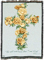 Yellow Rose Cross Blanket by Parker Fulton - Be Still And Know That I Am God - Scriptures Psalm 46:10 - Sympathy Bereavement Gift Tapestry Throw Woven from Cotton - Made in the USA (72x54) - color: Yellow Rose Cross, size: 72" x 54"