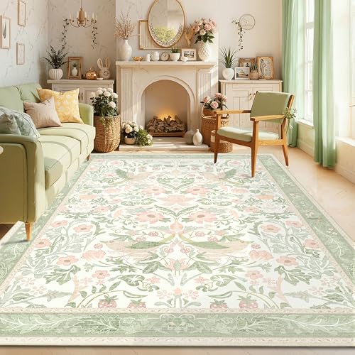 8'x10' Area Rugs Washable,Green Rug for Living Room Bedroom Dining Room,Large Boho Farmhouse Botanical Bohemian Distressed Oriental Carpet Non Slip,Sage Floral Bird - color: Green Floral Bird, size: 8'x10'
