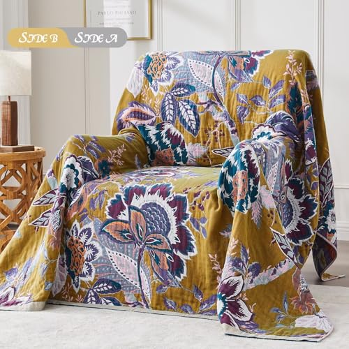 Boho Blanket Soft Muslin BohoThrow Blanket, 100% Cotton Floral Printed Farmhouse Decor All Season Reversible Rustic Throw for Sofa Couch Chair (Purple, 80"x90") - color: Purple, size: 80"x90"
