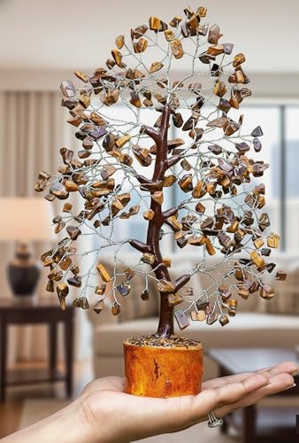 Crystal Tree of Life - tiger eye silver Healing Crystal for Home & Office Decor | Handmade Gemstone Money Tree for Positive Energy, Good Luck & Wealth | Spiritual Birthday Gift for Women & Mom - color: Tiger Eye Silver Wire