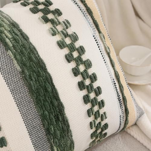 Green Throw Pillow Covers 18x18 Set of 2 Boho Tufted Pillow Covers Striped Decorative Pillow Cases Chenille Pillow Cases Farmhouse Cushion Case Nuetral Textured Pillow Cover Home Decor - color: Dark Green Stripe, size: 18" x 18" (Pack of 2)