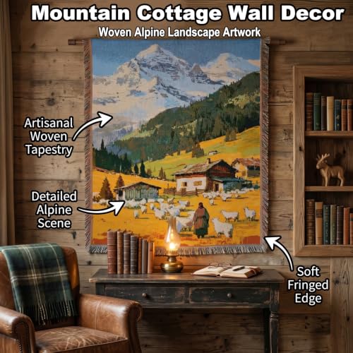 Mountain Cottage Woven Throw Blanket,Wall Hanging with Fringe 51x63 Inch | Meagtlva Jacquard Tapestry Cotton Blend Rustic Cabin Decor,Vintage Wall Hanging Tapestry for Livingroom Bedroom Sofa Bed - color: Alpine Village Sheep Meadow