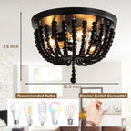 Bohemia Wood Beaded Chandelier, 3-Light Boho Light Fixture, 12.6inch Black Boho Chandelier Flush Mount Ceiling Light Fixtures for Dining Room, Bedroom, Nursery, Girl Room, Hallway and Entryway - color: Black-12.6INCH